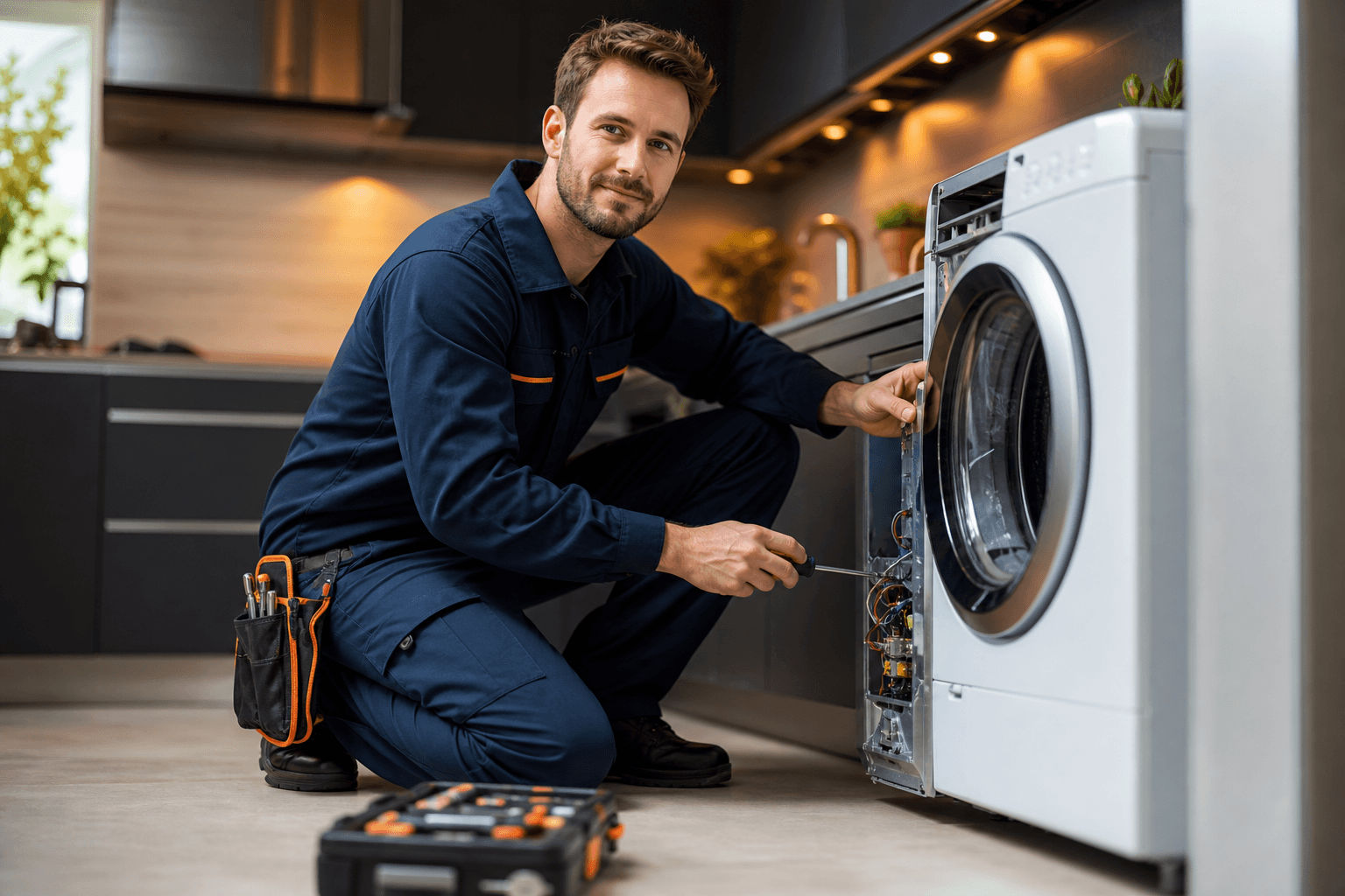 Professioneller Haushaltsgeräte-Techniker bei der Reparatur vor Ort